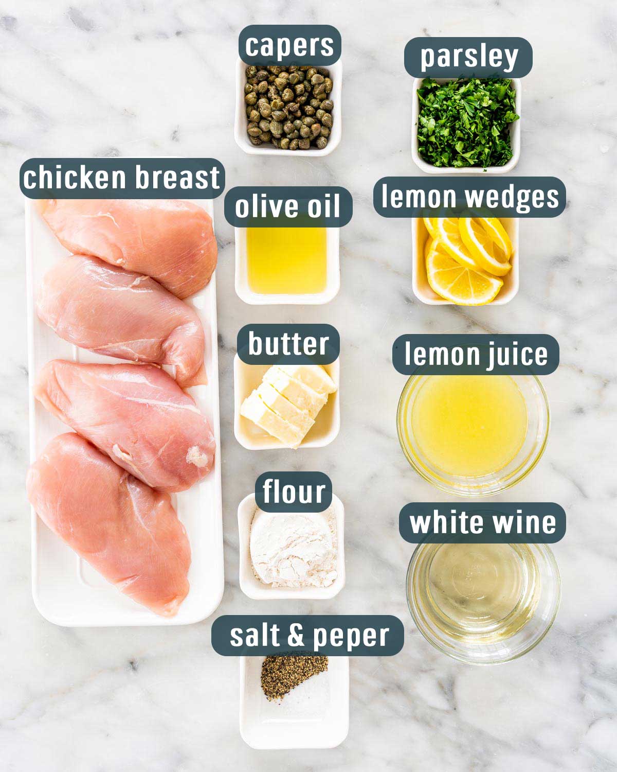 overhead shot for all the ingredients needed to cook lemon chicken piccata.