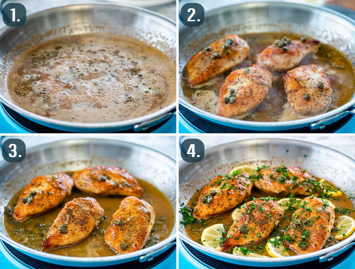 process shots showing how to make sauce for chicken piccata and how to finish the dish.