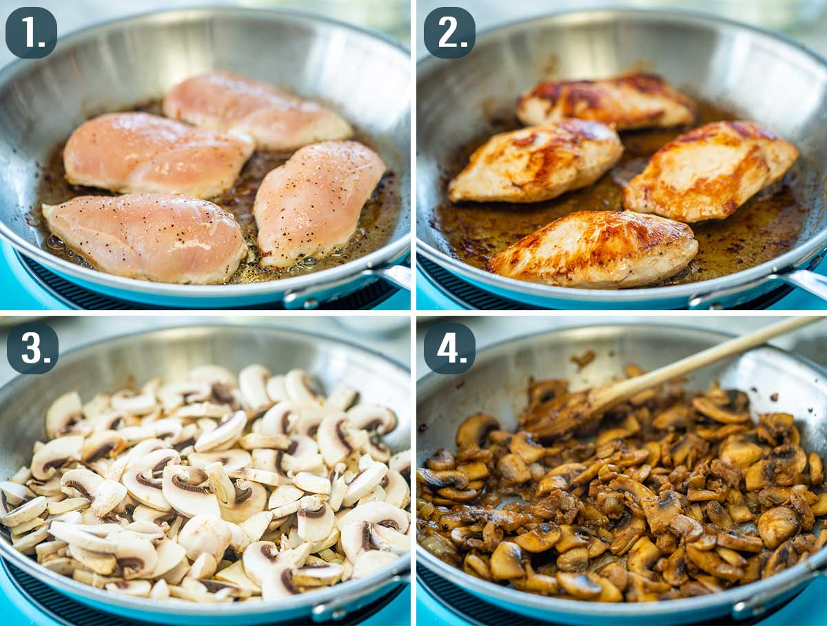 process shots showing how to fry chicken and cook mushrooms.