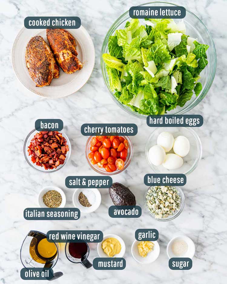 overhead shot of the ingredients needed to make cobb salad