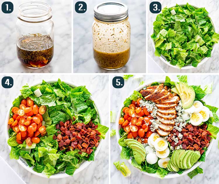 process shots showing how to make cobb salad dressing and how to assemble cobb salad