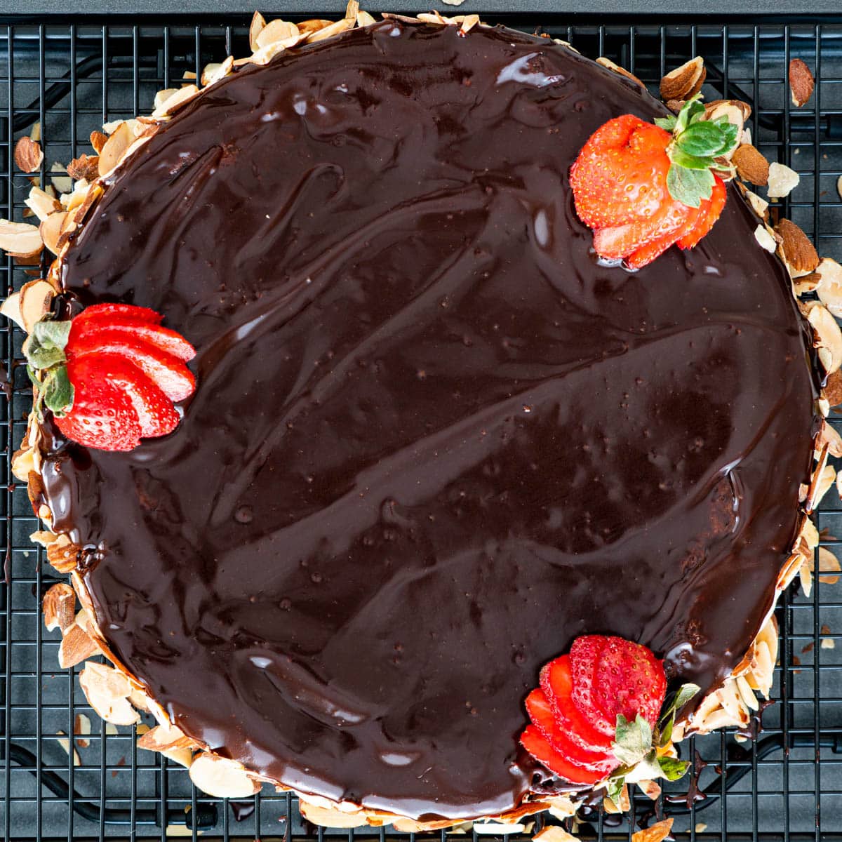 overhead shot of flourless chocolate cake topped with ganache, almond slices and strawberries