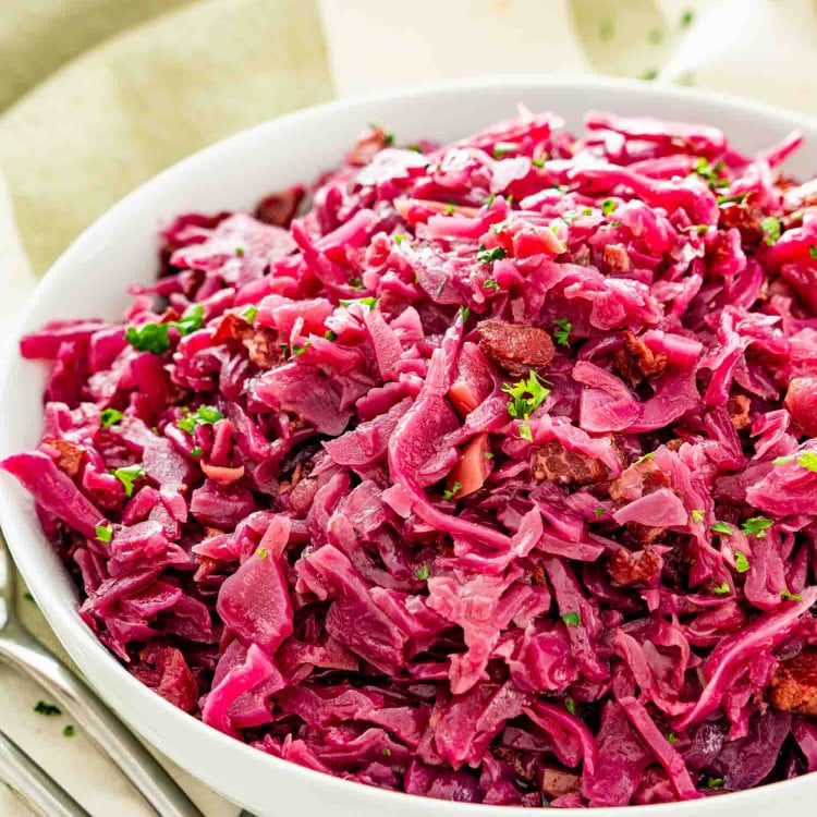 a big white bowl filled with freshly made german red cabbage.