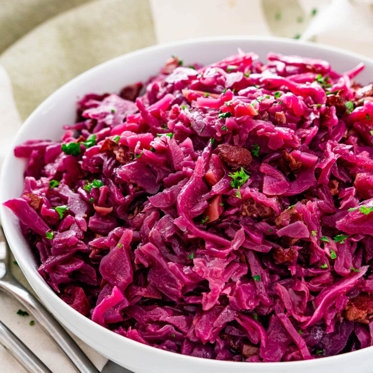 side view shot of German red cabbage in a large serving bowl