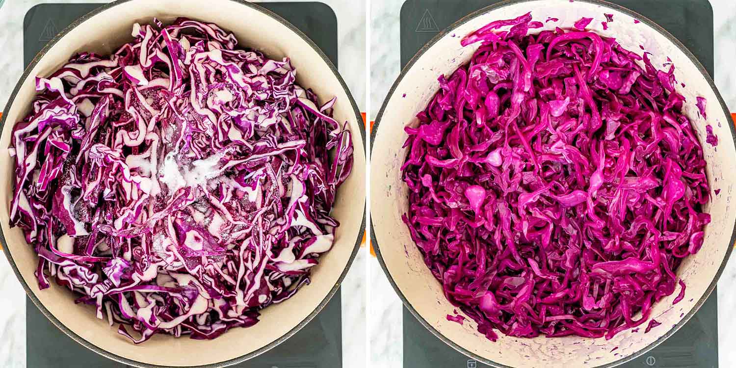 process shots showing how to make german red cabbage.