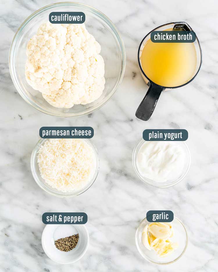 overheat shot of ingredients needed to make mashed cauliflower in the instant pot