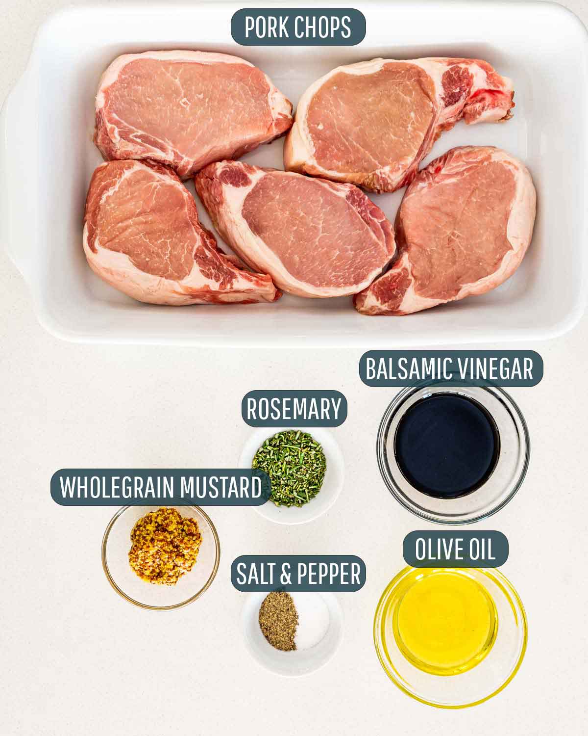 overhead shot of ingredients needed to make mustard balsamic pork chops.