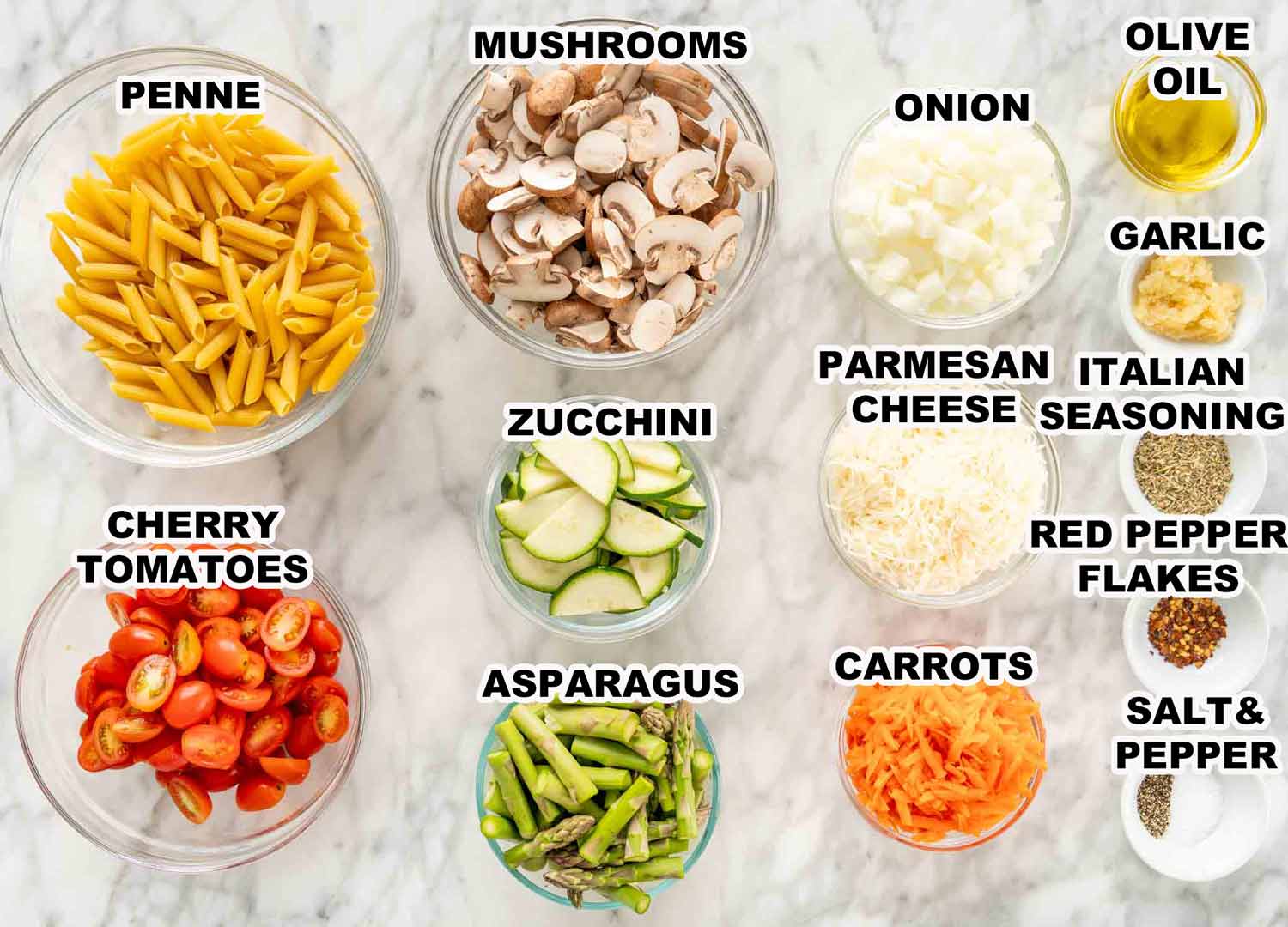 ingredients needed to make pasta primavera.