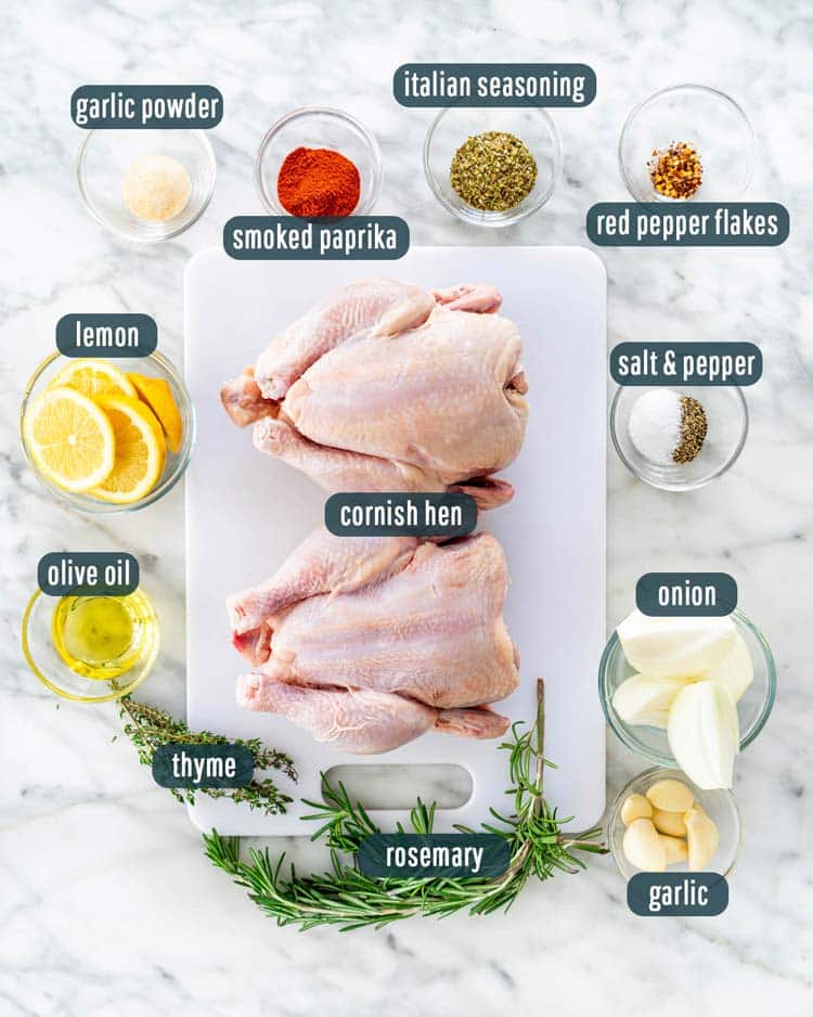 overhead shots of ingredients needed to make cornish hens