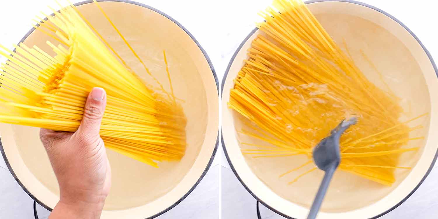process shots showing how to make aglio e olio.