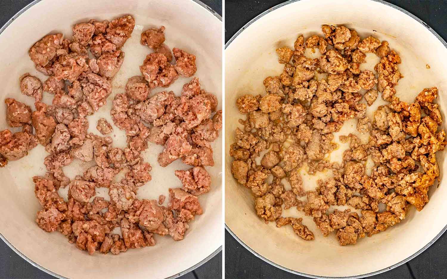 Broken pieces of raw Italian sausage in a white Dutch oven, followed by the sausage browned into golden crumbles.