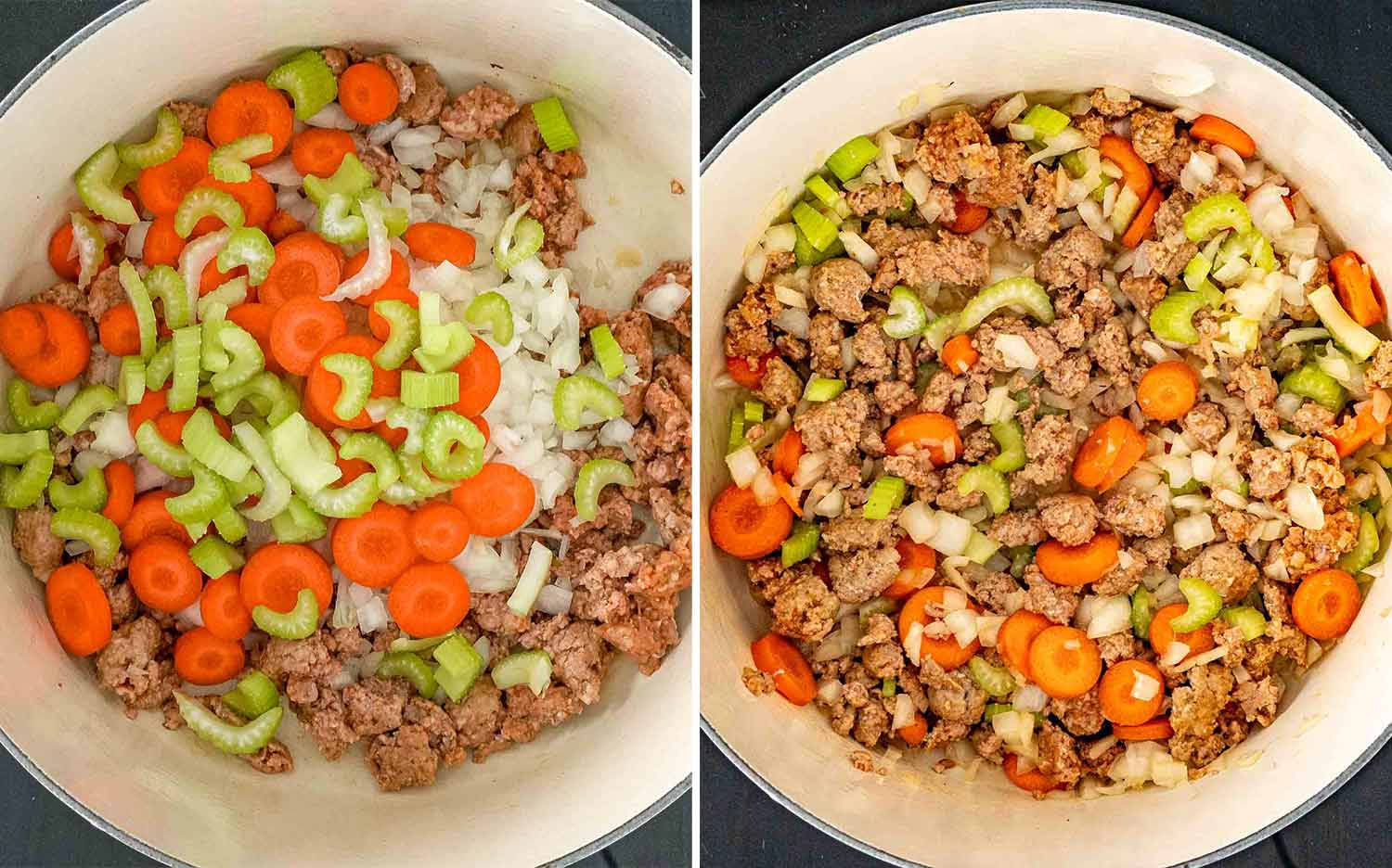 Sliced carrots, celery and chopped onion added to browned Italian sausage, then stirred together in a white Dutch oven.