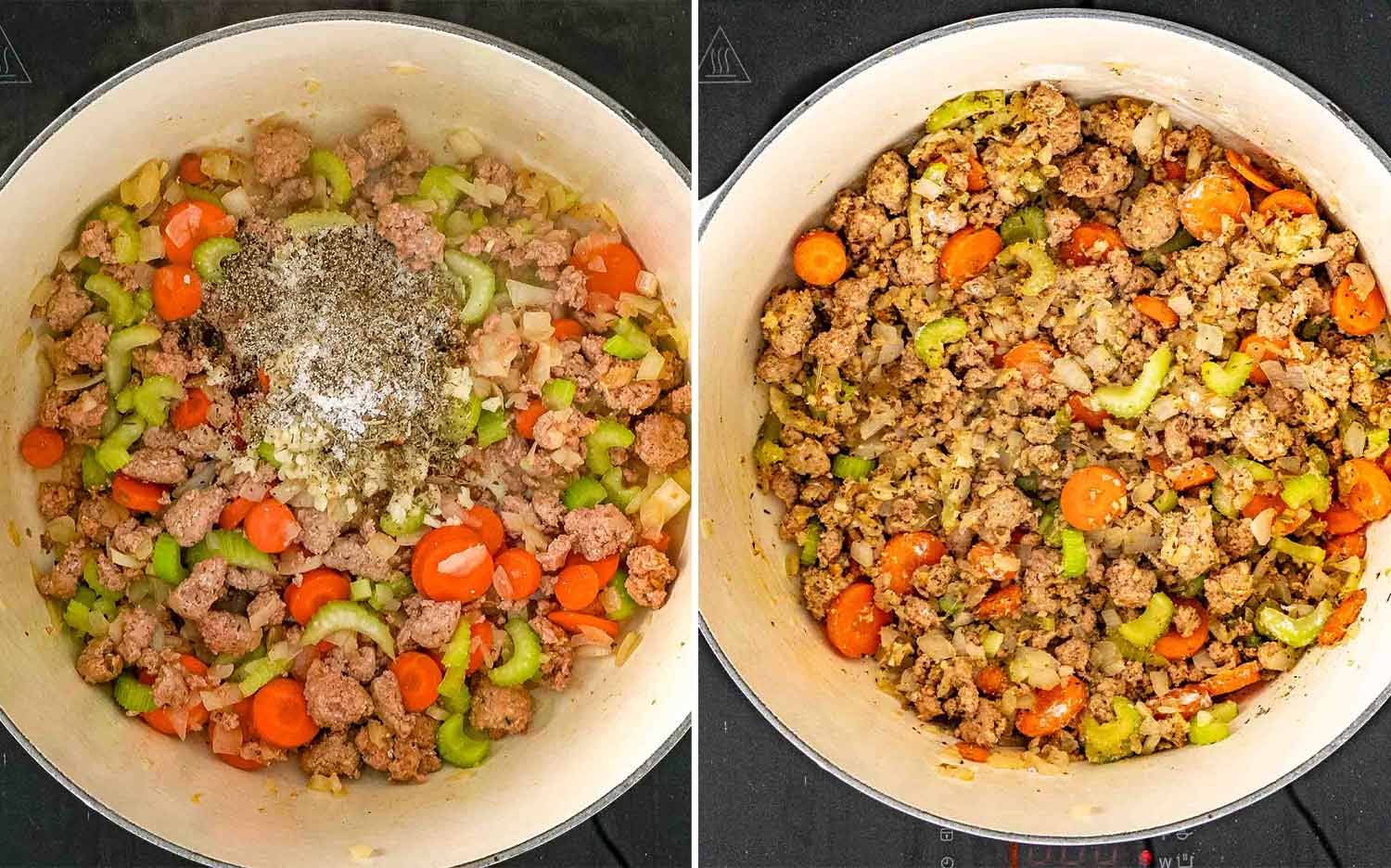 Garlic, Italian seasoning, salt and pepper added to sausage and vegetables, then stirred through in a white Dutch oven.