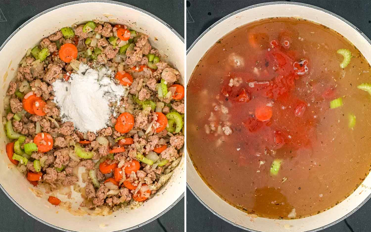 Flour sprinkled over cooked sausage and vegetables, followed by chicken broth and tomatoes added to build the soup base.