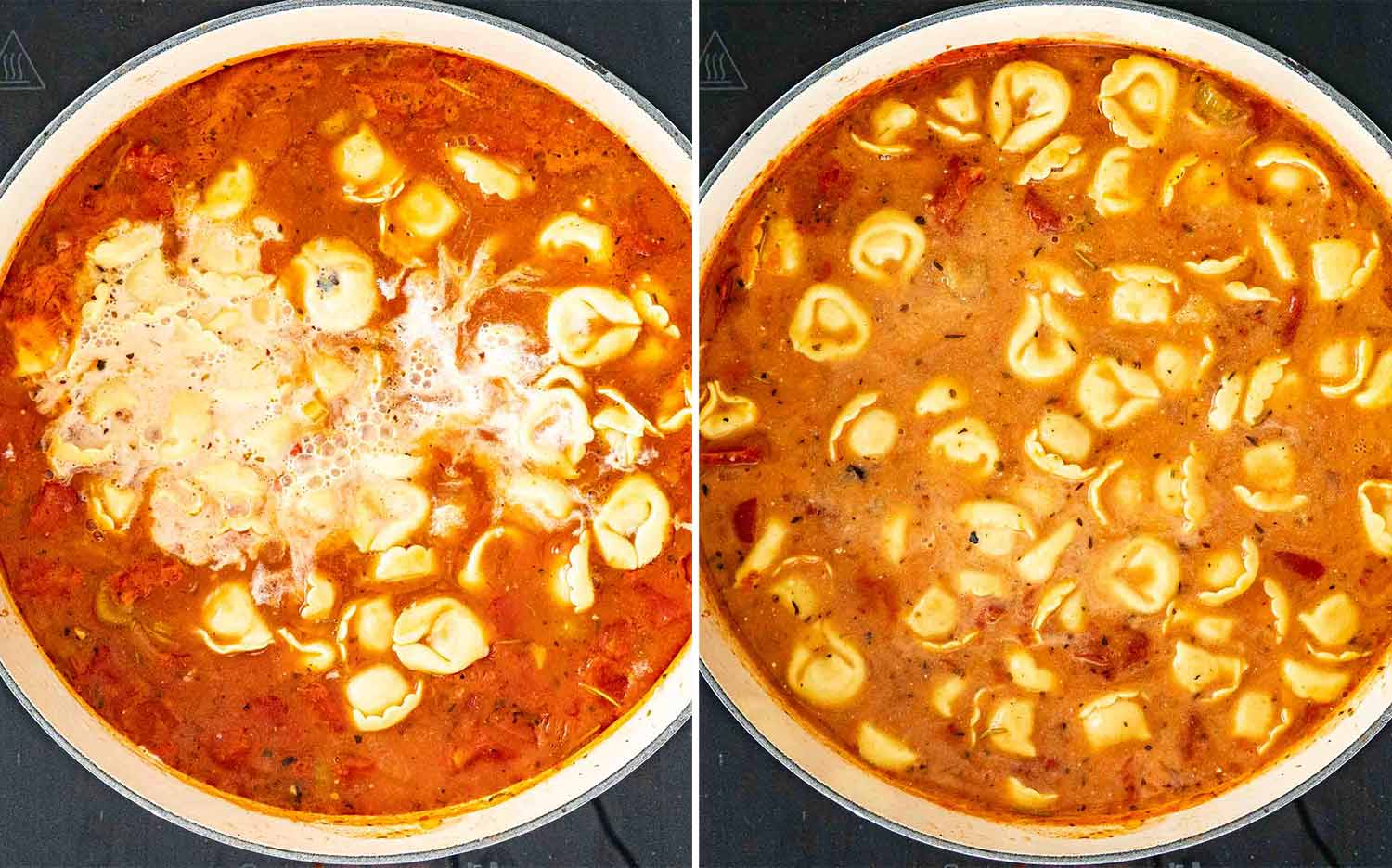 Cheese tortellini and half and half added to tomato broth, then stirred together and simmered until the pasta is tender.