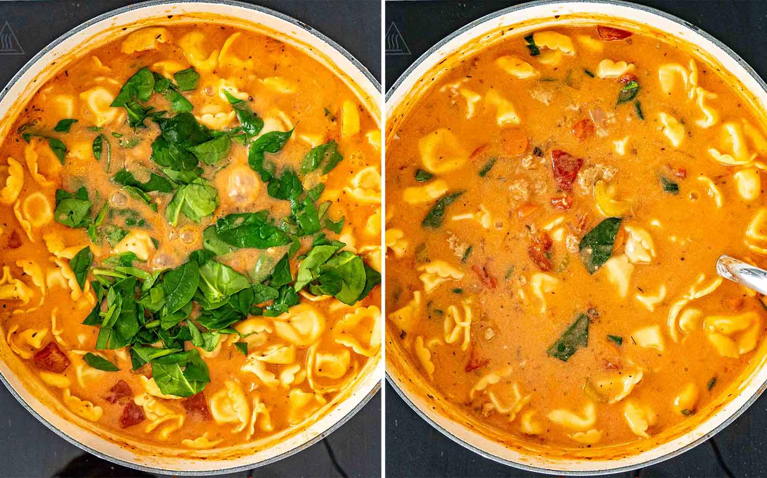 Chopped spinach added to creamy sausage tortellini soup, followed by the finished soup with spinach wilted into the broth.