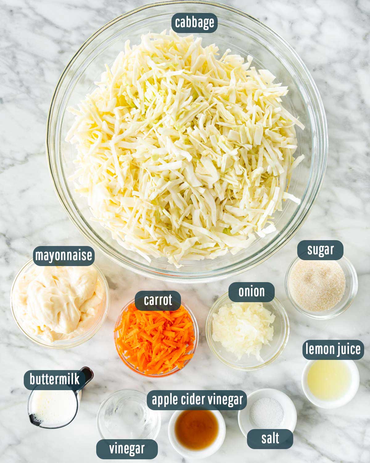 overhead shot of all the ingredients needed to make kfc coleslaw