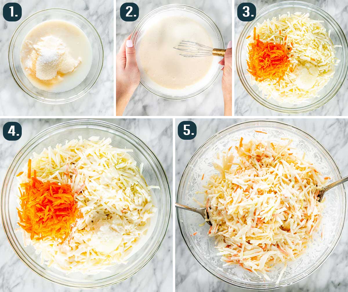 process shots showing how to make kfc coleslaw