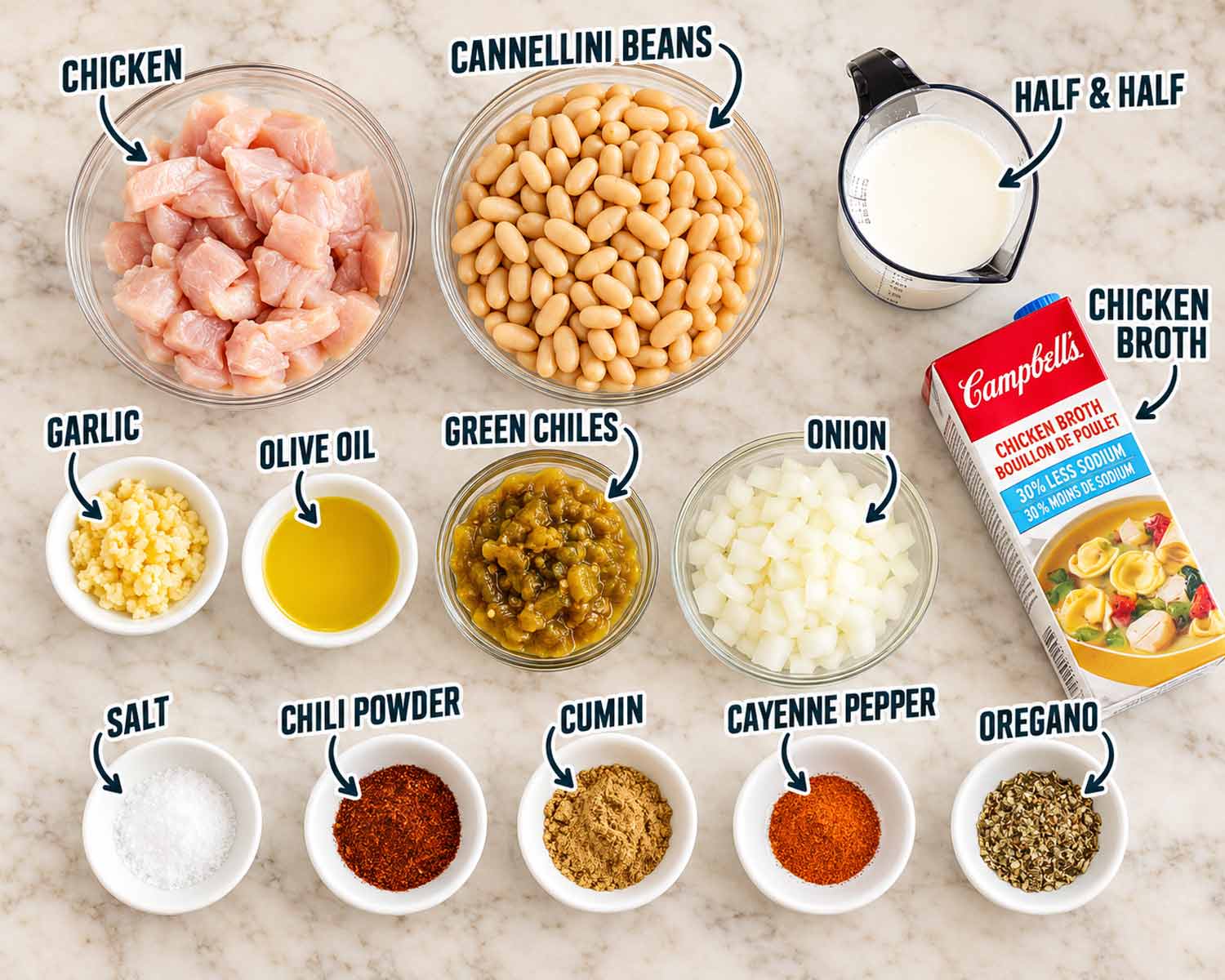 Labeled white chicken chili ingredients including chicken, cannellini beans, broth, green chiles, onion, garlic, half and half, and spices.