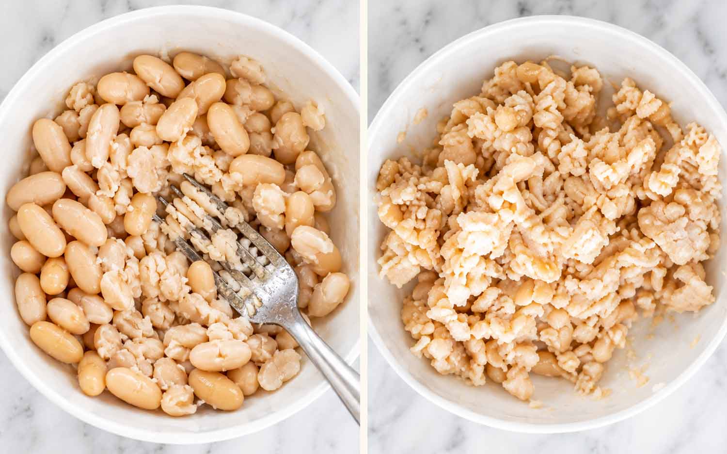 Two photos showing cannellini beans being mashed with a fork, then coarsely mashed in a white bowl for chili.