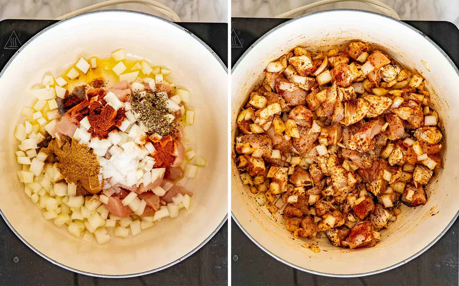 Cubed chicken, onion, oil, and spices in a Dutch oven before cooking, then cooked chicken coated with toasted spices.