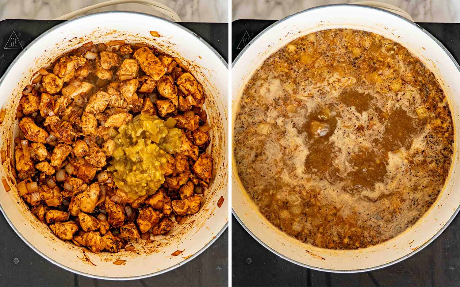 3.jpg Green chiles added to seasoned chicken and onion, followed by chicken broth bubbling in the Dutch oven.