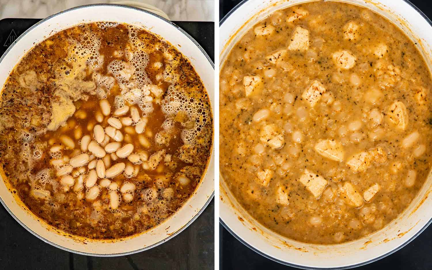 Whole and mashed cannellini beans added to chicken broth, followed by thickened white chicken chili after simmering.