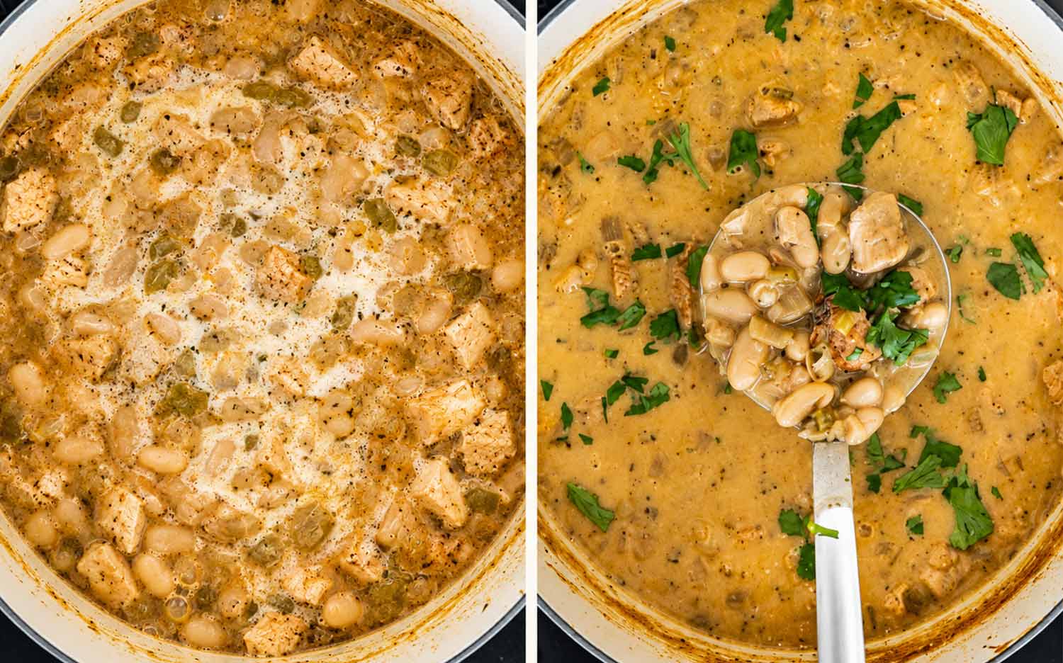 Half and half swirled into chicken chili, followed by finished creamy chili topped with cilantro and a filled ladle.
