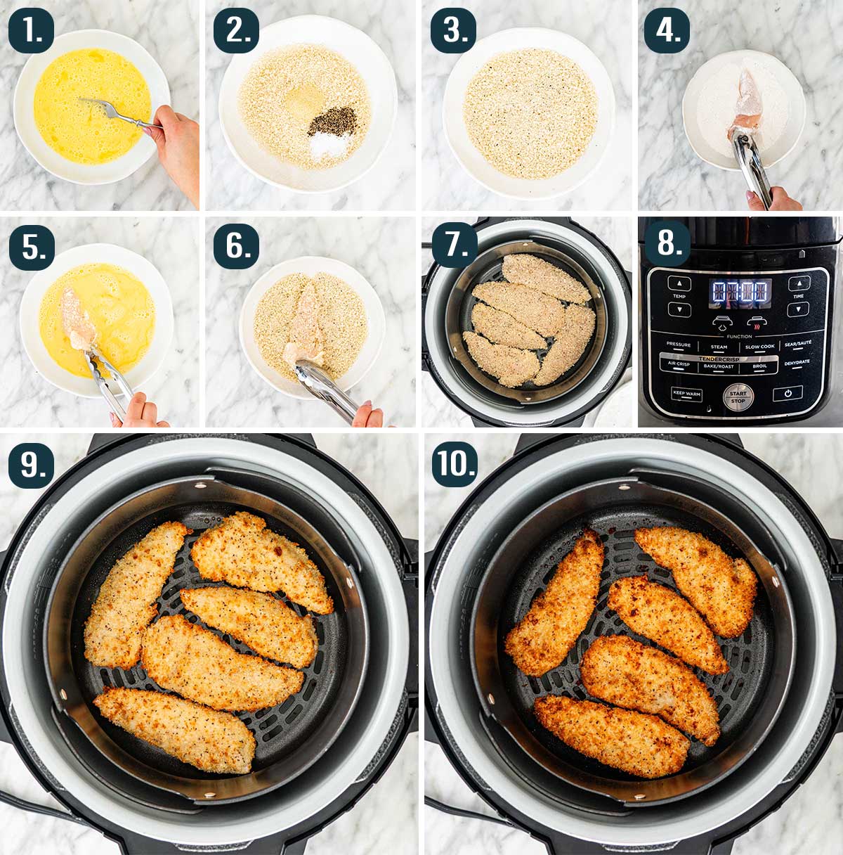 process shots showing how to make chicken tenders in the air fryer