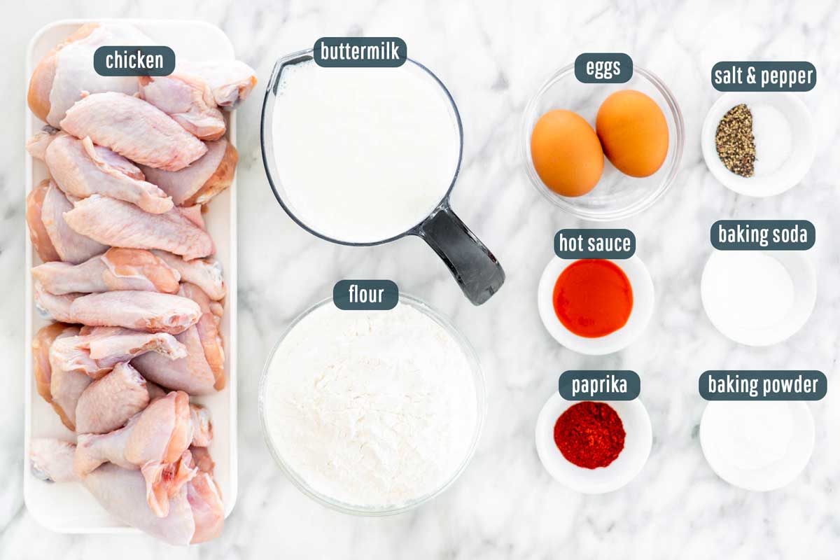 overhead shot of ingredients needed to make fried chicken