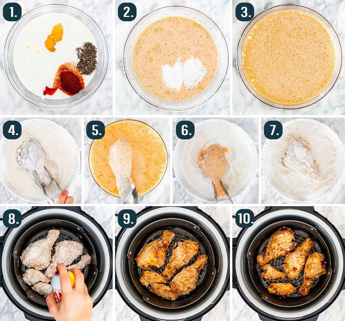 process shots showing how to make fried chicken in the air fryer