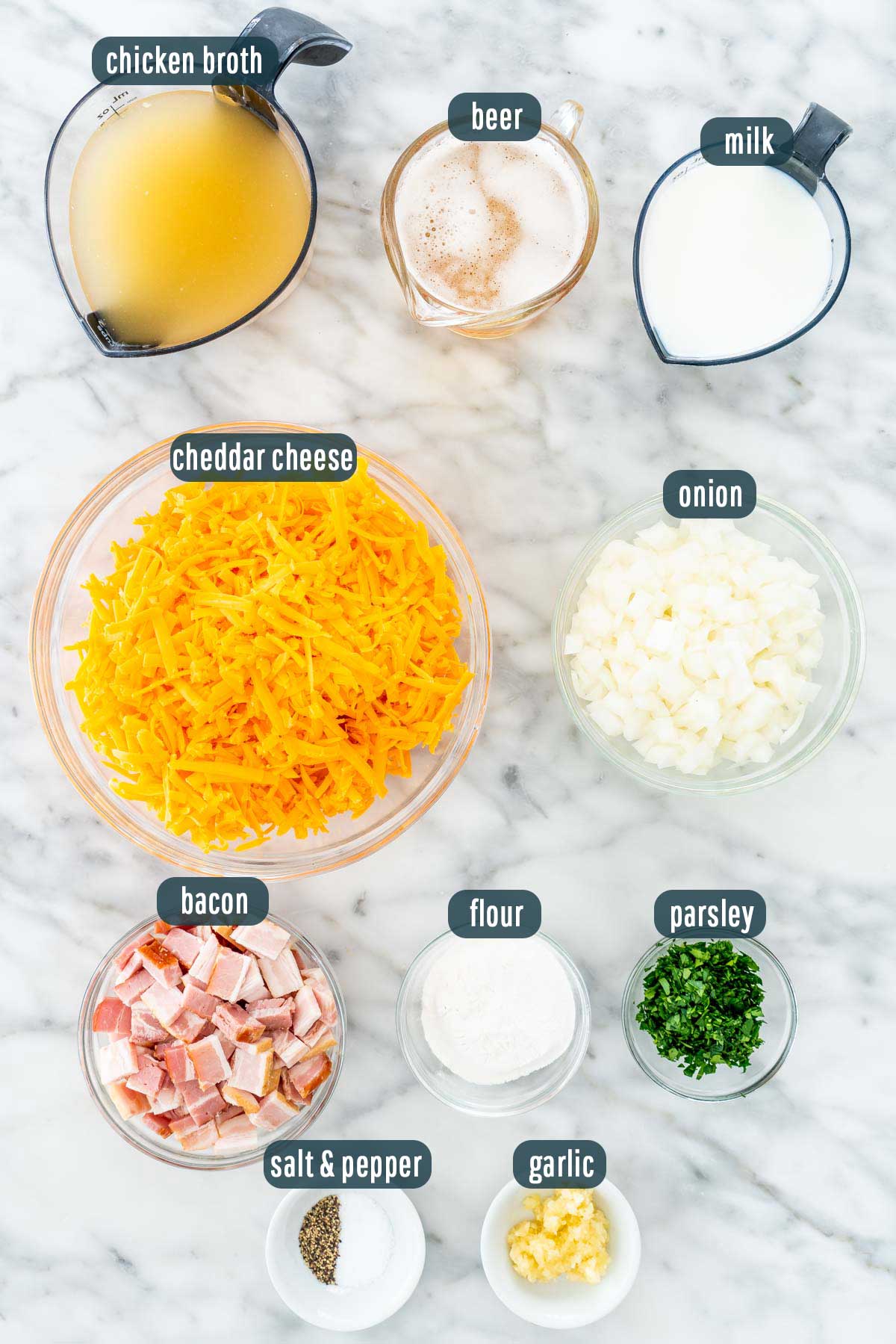 overhead shot of all ingredients needed to make beer cheese soup