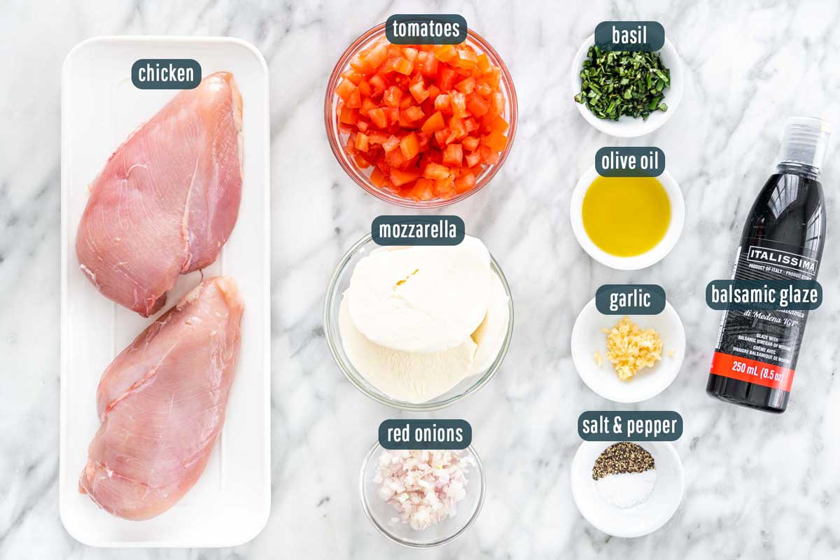 overhead shot of ingredients needed to make bruschetta chicken
