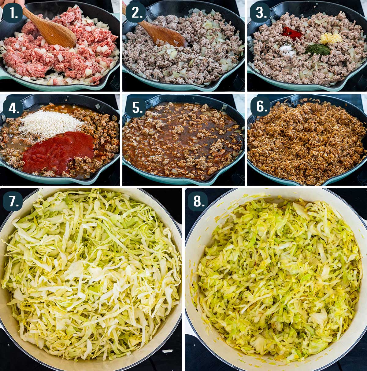 process shots showing how to cook the meat and rice mixture and how to soften cabbage