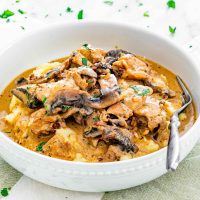 side view shot of chicken stroganoff on top of mashed potatoes in a bowl