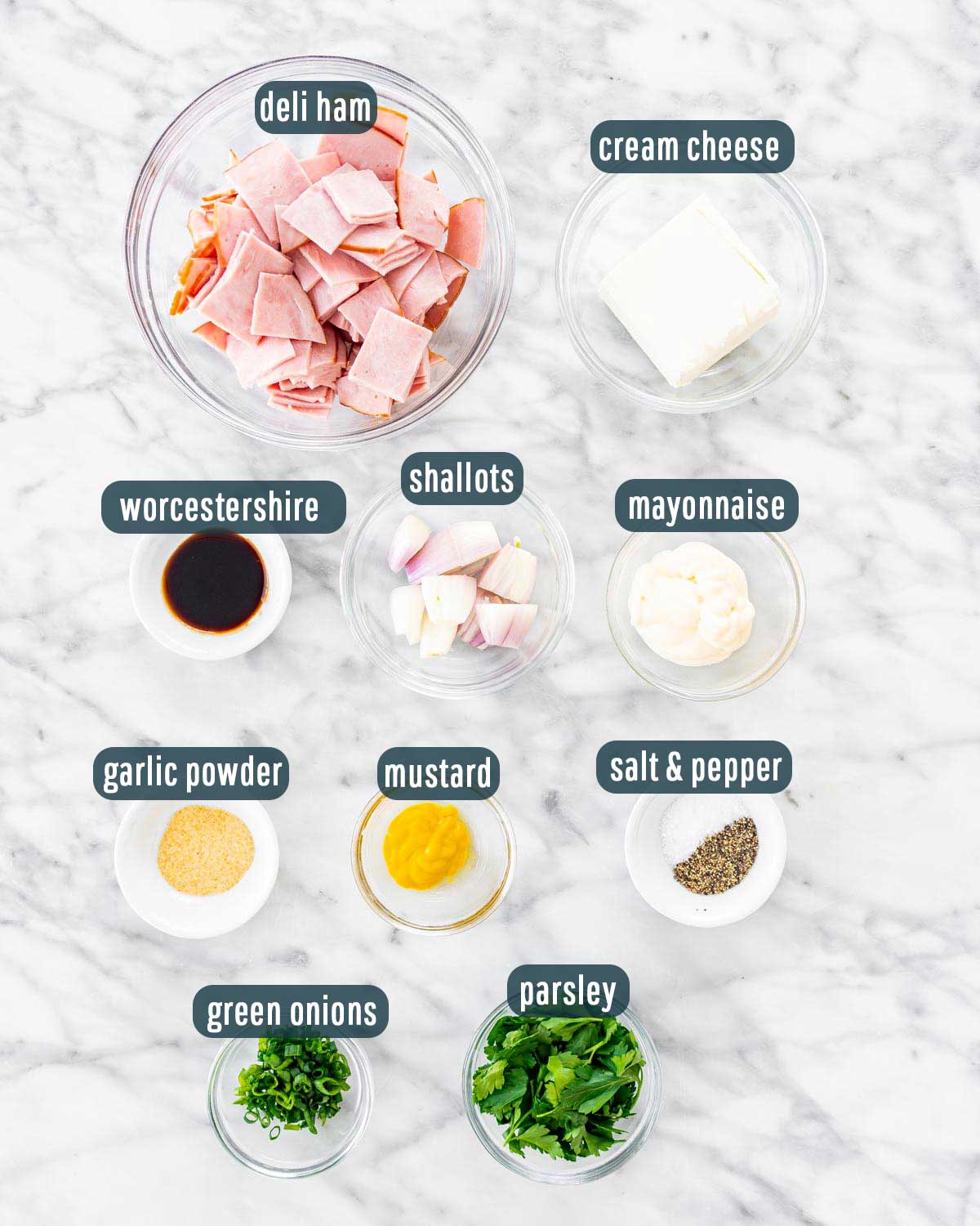 overhead shots of ingredients needed to make deviled ham