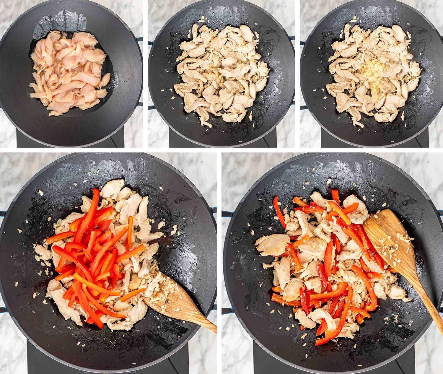 process shots showing how to make spicy peanut noodles.