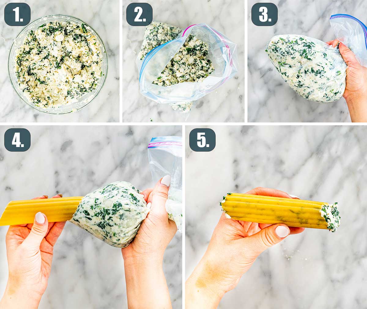process shots showing how to make spinach ricotta mixture for stuffed manicotti.