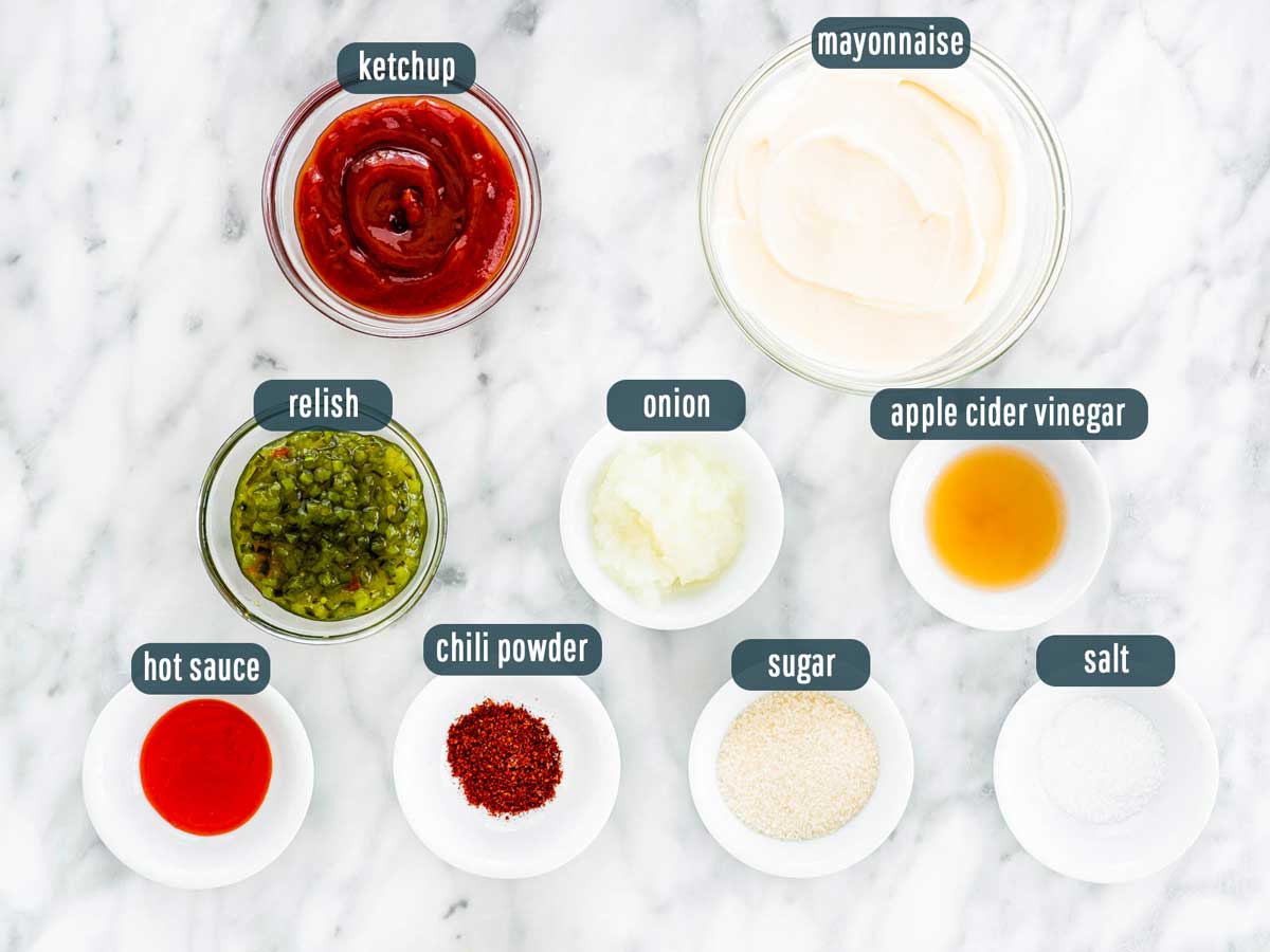 overhead shot of all ingredients needed to make thousand island dressing