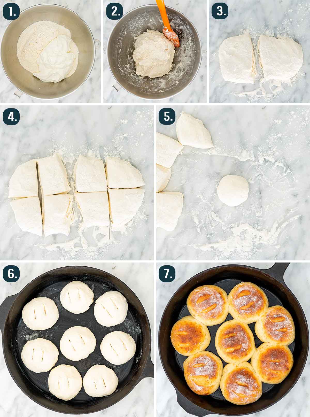 process shots showing how to make 2 ingredient dough and form it into dinner rolls
