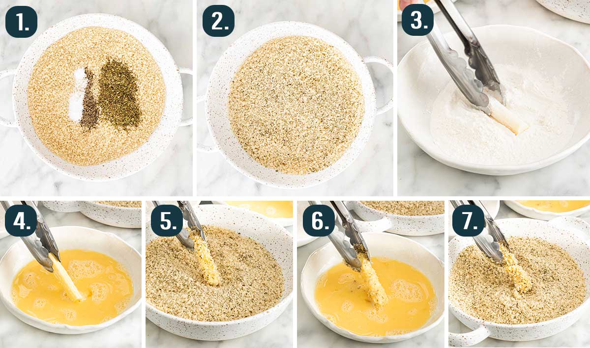 process shots showing how to bread mozzarella sticks