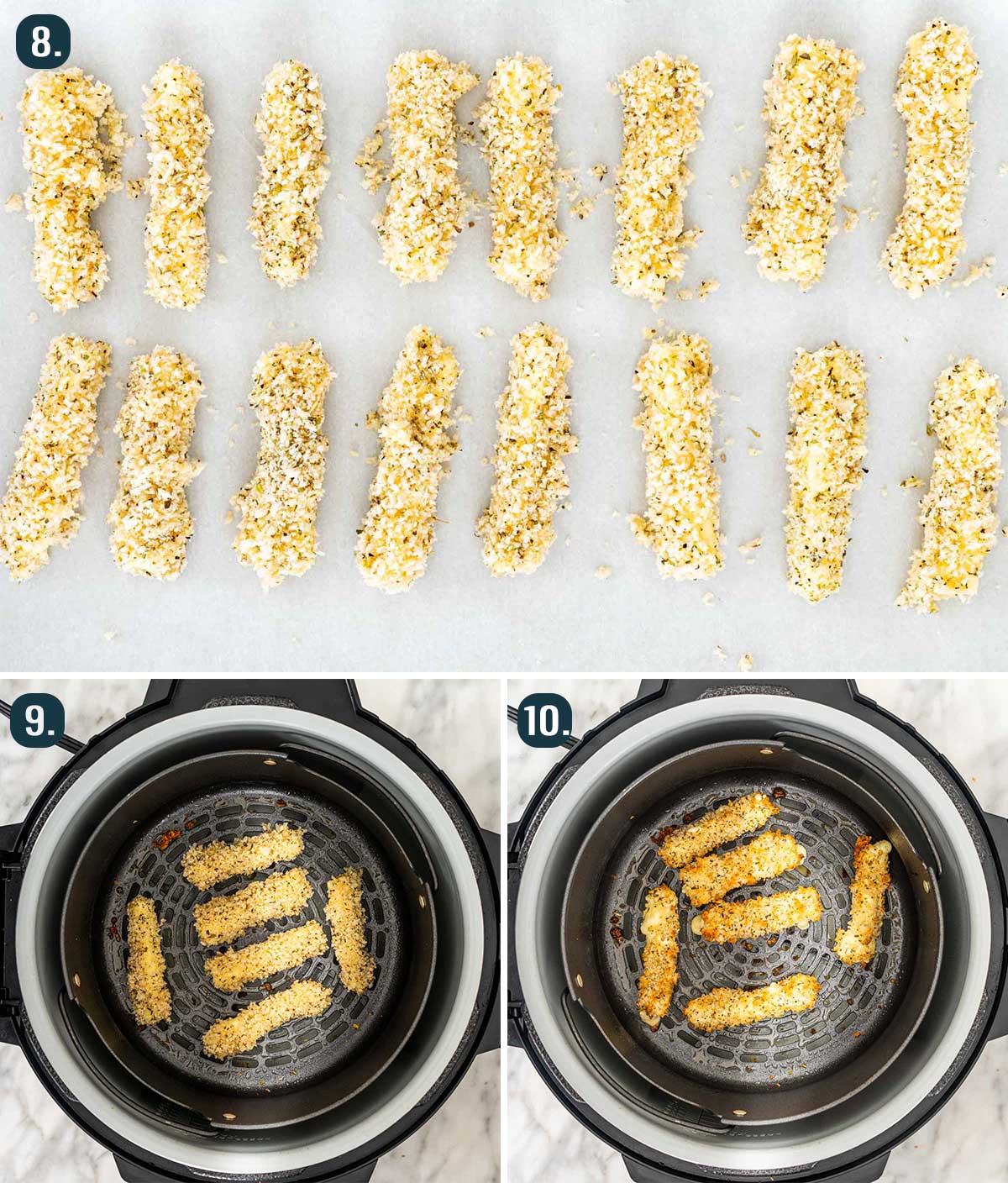 process shots showing how to cook mozzarella sticks in the air fryer