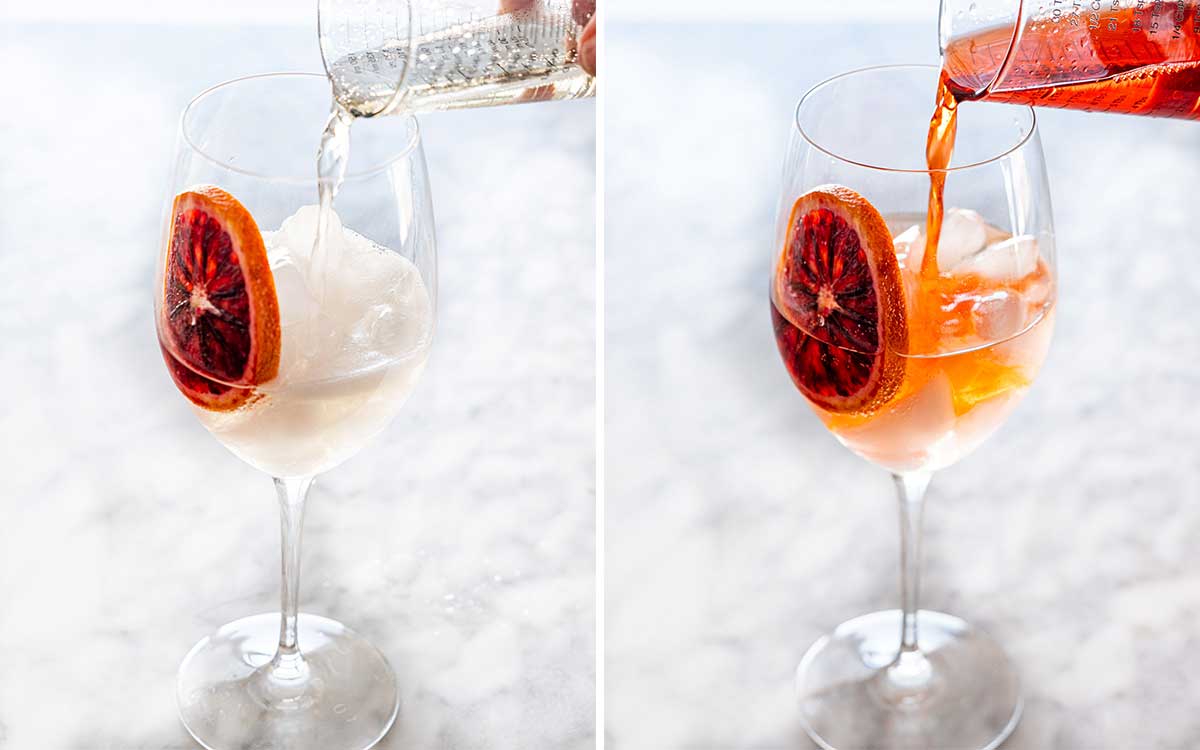 two shots side by side of pouring prosecco in a glass and aperol