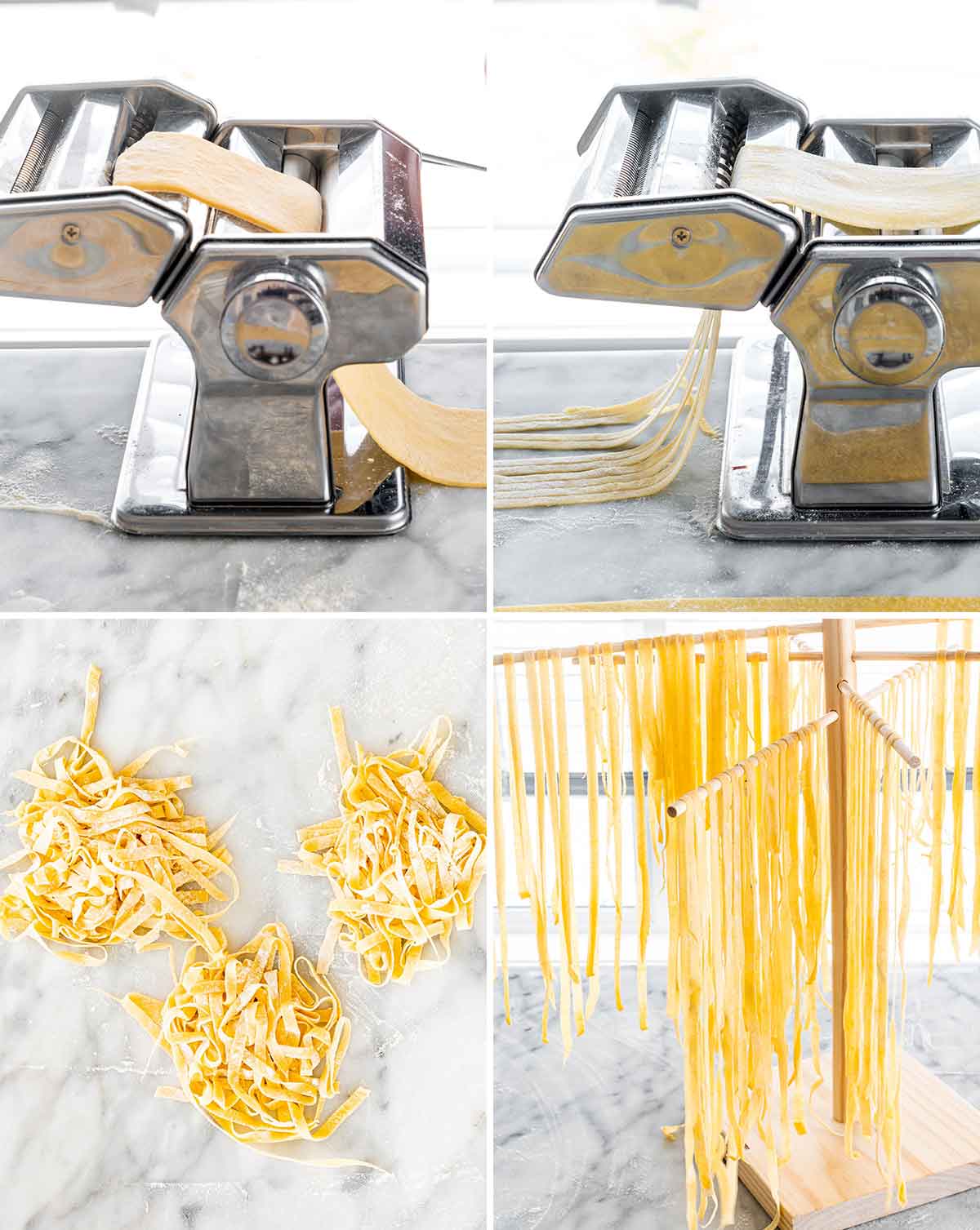 process shots showing how to roll out dough using a pasta machine and how to dry it on a drying rack