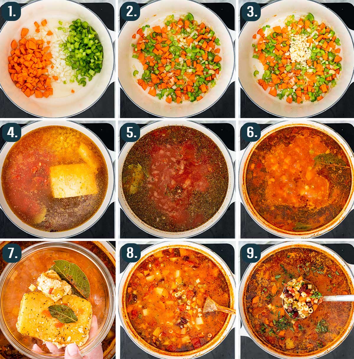 process shots showing how to make minestrone soup