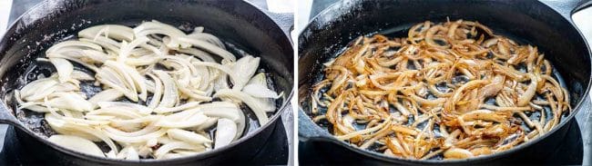 process shots showing how to caramelize onion.