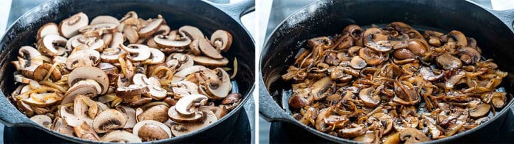 process shots showing how to make mushroom gravy for salisbury steak.