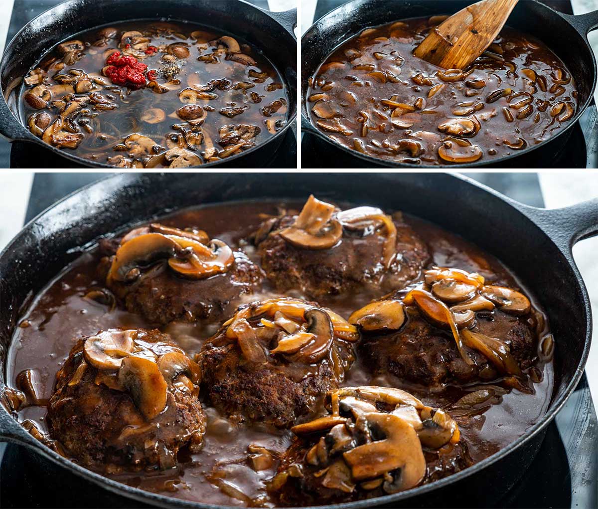 process shots showing how to make salisbury steak with mushroom gravy.