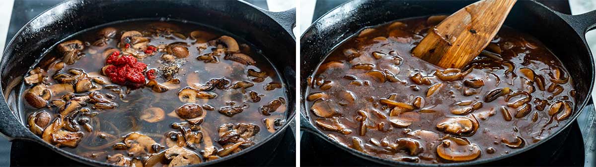 process shots showing how to finish making mushroom gravy for salisbury steak.