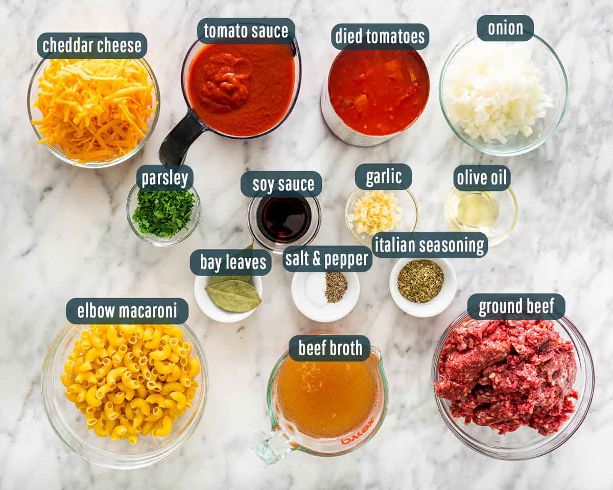 overhead shot of all the ingredients needed to make american goulash
